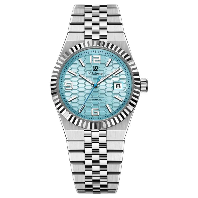 Dulunwe 6077 Honeycomb Texture Date Land Dweller Men Automatic Mechanical Watch — Silver Shell Black Surface
