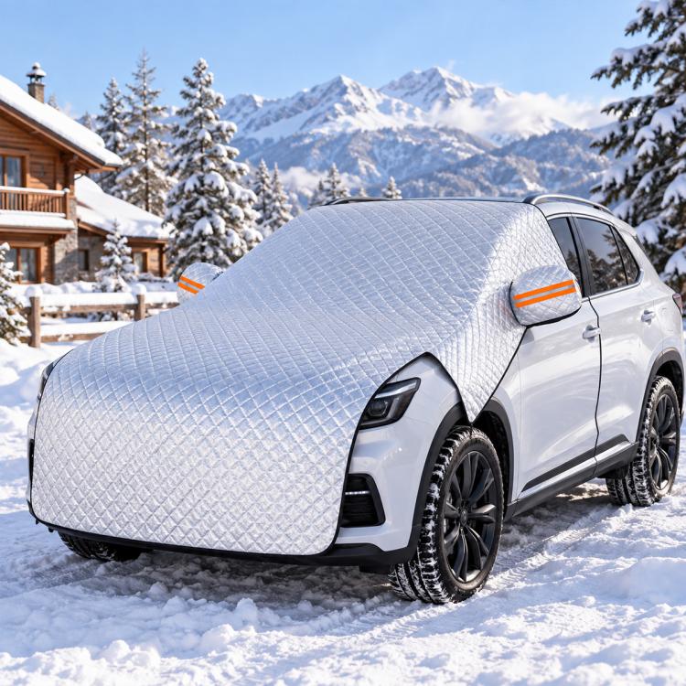 Extended Hood Snow Cover Front Half Cover Car Windshield Snow Shield with 6 Straps — CT-XD971 Silver Aluminum Coated Film