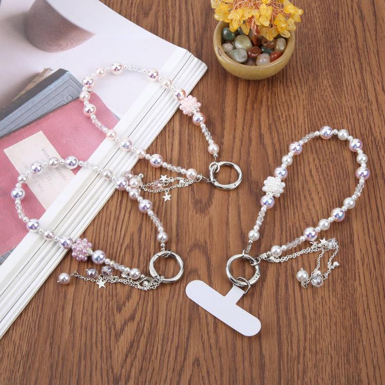 Floral Tassel Beaded Phone Charm Wrist Strap with Tether Pad for Women Girls — Pink