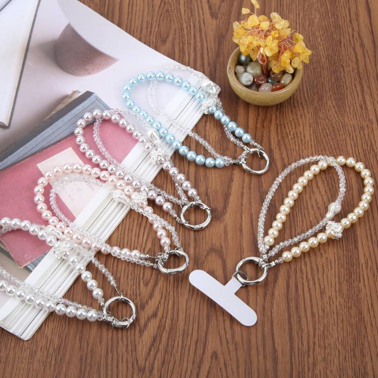 Double Beaded Chains Phone Charm Wrist Strap with Tether Pad for Women Girls — Purple
