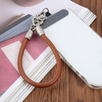 Vegan Leather Metal Triangle Buckle Short Phone Charm Wrist Strap with Tether Pad — view 16