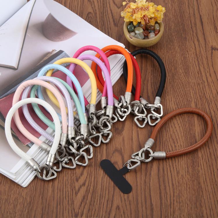 Vegan Leather Metal Triangle Buckle Short Phone Charm Wrist Strap with Tether Pad — view 17