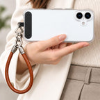 Vegan Leather Metal Triangle Buckle Short Phone Charm Wrist Strap with Tether Pad — view 18