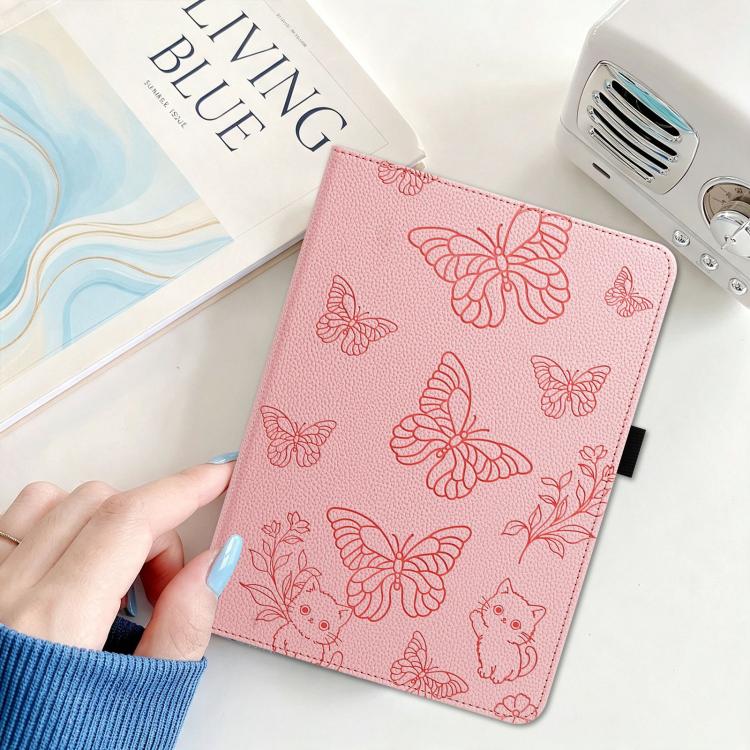 Butterfly Cat Embossed Rotation Vegan Leather Smart Tablet Case
