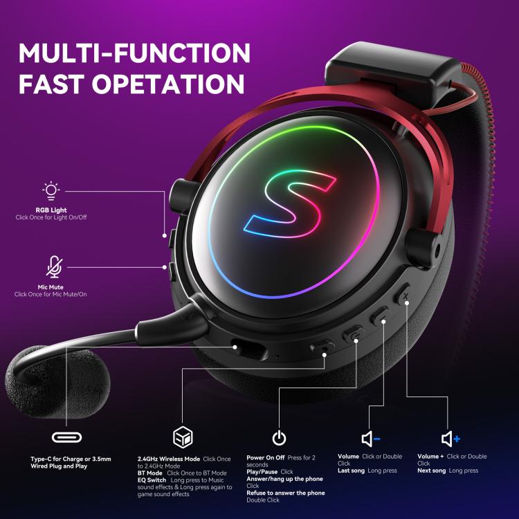 SoulBytes K17 Tri-mode Bluetooth 2.4G Wired RGB Gaming Headset with Detachable Microphone — view 7