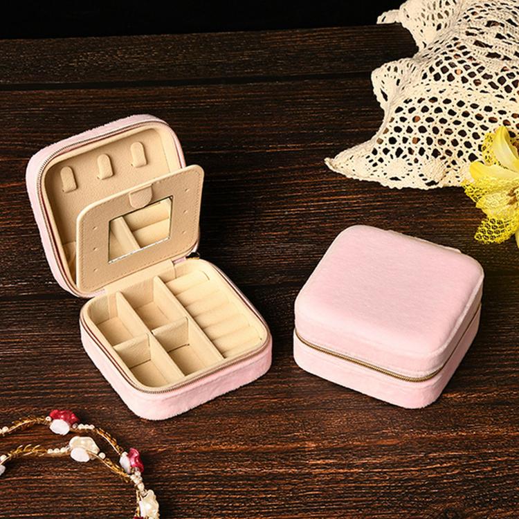 Portable Zippered Velvet Jewelry Storage Box — Wine Red