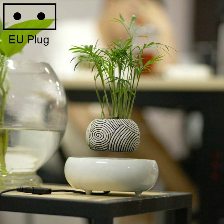 Dark Color Stripe Flower Pot + Imitation Ceramic Resin Base Magnetic Levitation Potted Plant Home Decoration, EU Plug