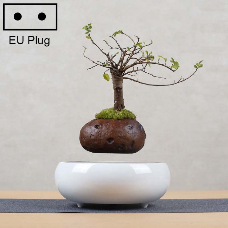 Dark Color Stripe Flower Pot + Imitation Ceramic Resin Base Magnetic Levitation Potted Plant Home Decoration, EU Plug