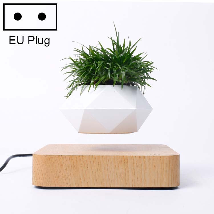 Diamond Plastic Flower Pot + Dark Wood Grain Base Magnetic Levitation Potted Plant Home Decoration, EU Plug