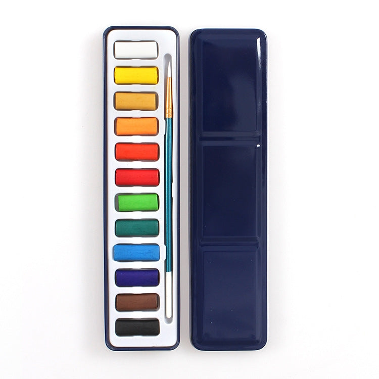Portable Iron Box Solid Watercolor Paints Set for Artist School Student Outdoor Water Color Sketch Painting Stationery, 12 Colors