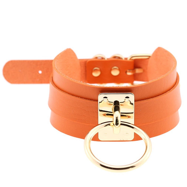 European and American Harajuku PU Leather Gold Single Ring Collar Wide Street-Snap Nightclub O-shaped Choker Necklace — Brown