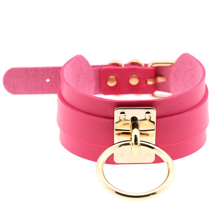 European and American Harajuku PU Leather Gold Single Ring Collar Wide Street-Snap Nightclub O-shaped Choker Necklace — Red