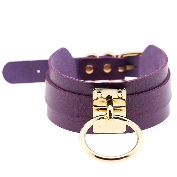 European and American Harajuku PU Leather Gold Single Ring Collar Wide Street-Snap Nightclub O-shaped Choker Necklace — Coffee
