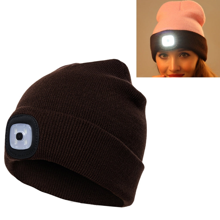 Unisex Warm Winter Polyacrylonitrile Knit Hat Adult Head Cap with 4 LED Lights — White