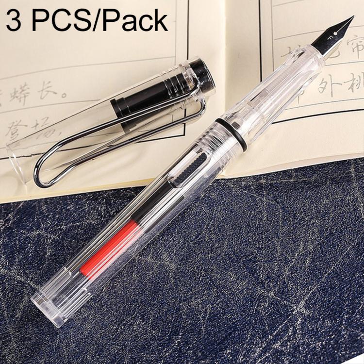 3 PCS School Office Extra Fine Titanium Alloy Nib Transparent Piston Fountain Pen(Black), Random Delivery(0.5mm/0.38mm Nib)
