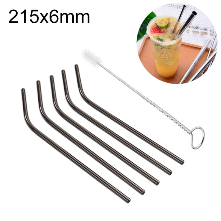 5pcs Reusable Stainless Steel Bent Drinking Straw + Cleaner Brush Set Kit, 215*6mm