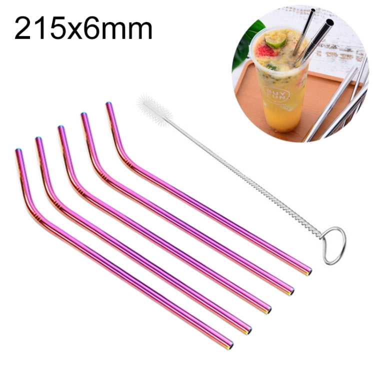 5pcs Reusable Stainless Steel Bent Drinking Straw + Cleaner Brush Set Kit, 215*6mm