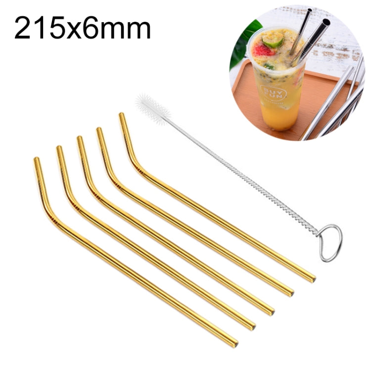 5pcs Reusable Stainless Steel Bent Drinking Straw + Cleaner Brush Set Kit, 215*6mm