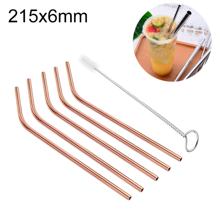 5pcs Reusable Stainless Steel Bent Drinking Straw + Cleaner Brush Set Kit, 215*6mm