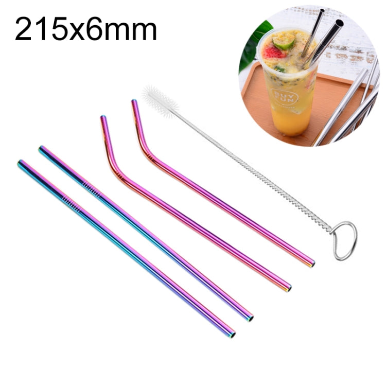4pcs Reusable Stainless Steel Drinking Straw + Cleaner Brush Set Kit, 215*6mm