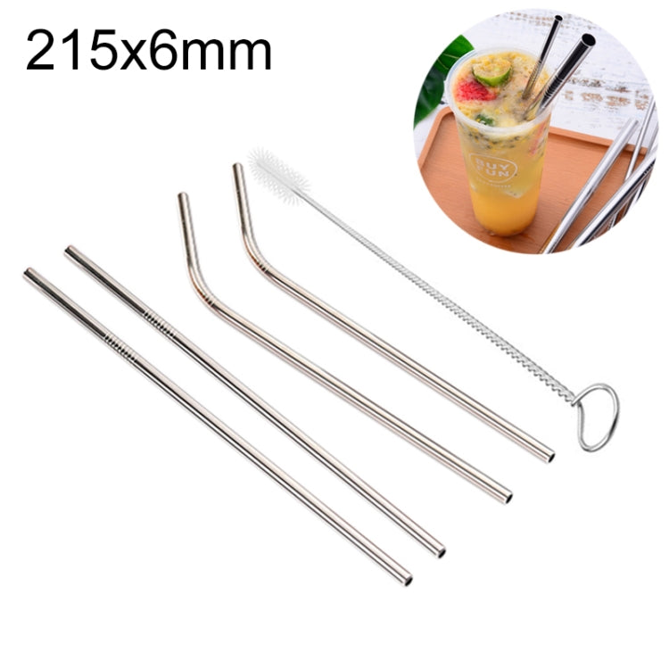 4pcs Reusable Stainless Steel Drinking Straw + Cleaner Brush Set Kit, 215*6mm