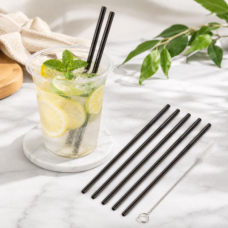 5pcs Reusable Stainless Steel Straight Drinking Straw + Cleaner Brush Set Kit, 215*8mm
