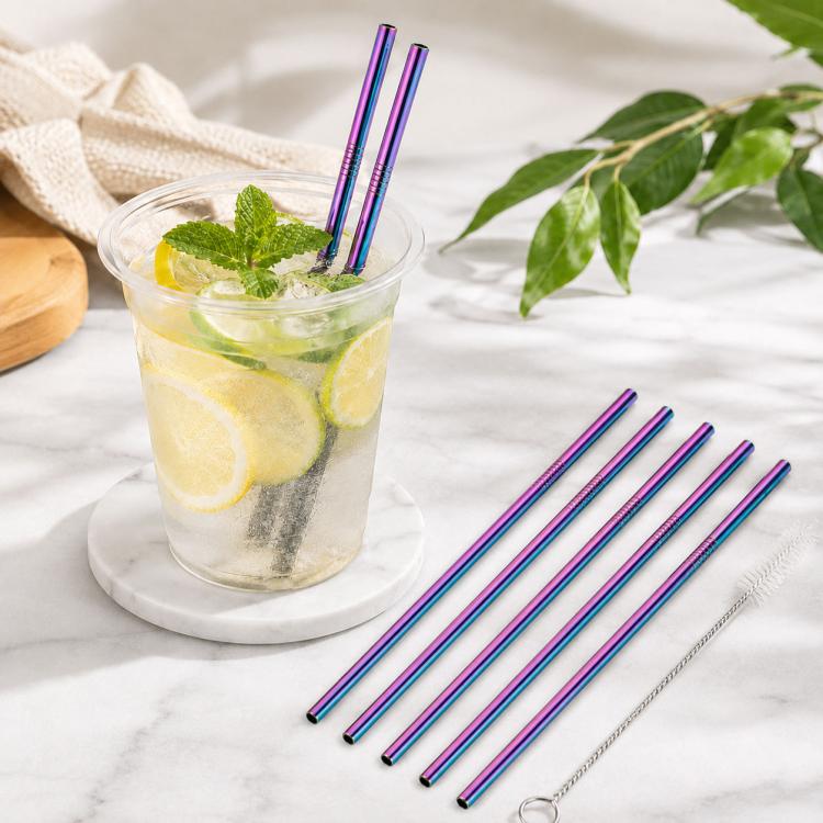 5pcs Reusable Stainless Steel Straight Drinking Straw + Cleaner Brush Set Kit, 215*8mm