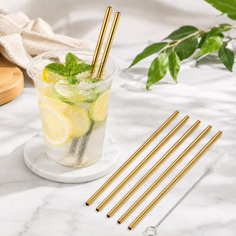 5pcs Reusable Stainless Steel Straight Drinking Straw + Cleaner Brush Set Kit, 215*8mm