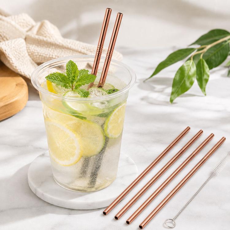 5pcs Reusable Stainless Steel Straight Drinking Straw + Cleaner Brush Set Kit, 215*8mm