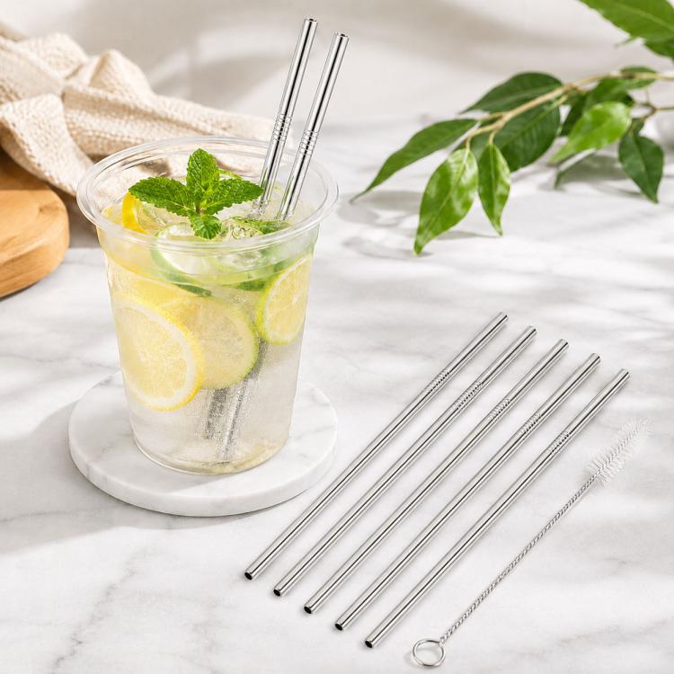 5pcs Reusable Stainless Steel Straight Drinking Straw + Cleaner Brush Set Kit, 215*8mm