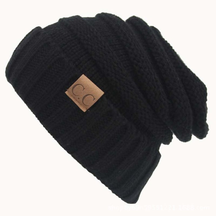 CC Letter Solid Color Wool Hats Concise Knitting Hat — Black