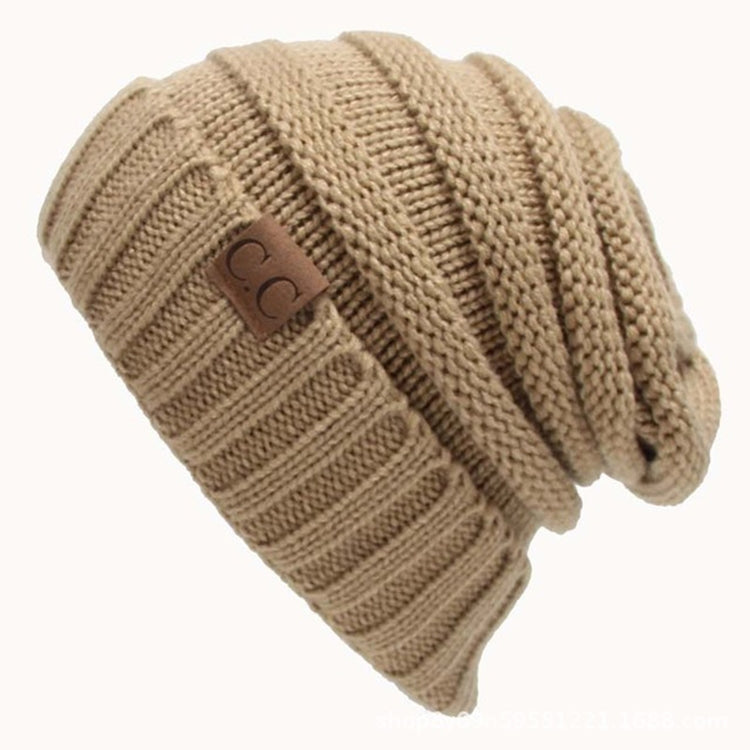 CC Letter Solid Color Wool Hats Concise Knitting Hat — Khaki