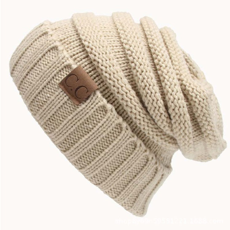 CC Letter Solid Color Wool Hats Concise Knitting Hat — Beige