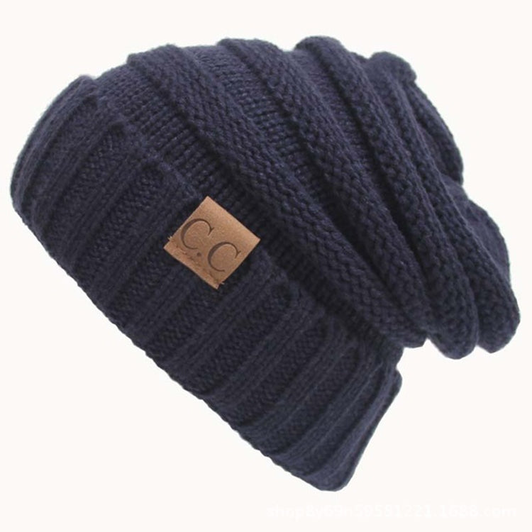 CC Letter Solid Color Wool Hats Concise Knitting Hat — Navy Blue