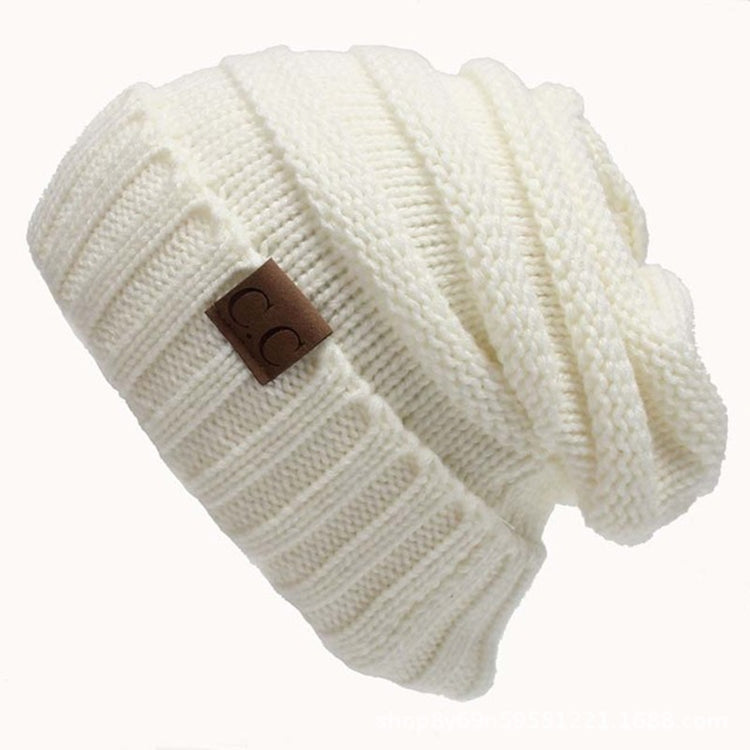 CC Letter Solid Color Wool Hats Concise Knitting Hat — White