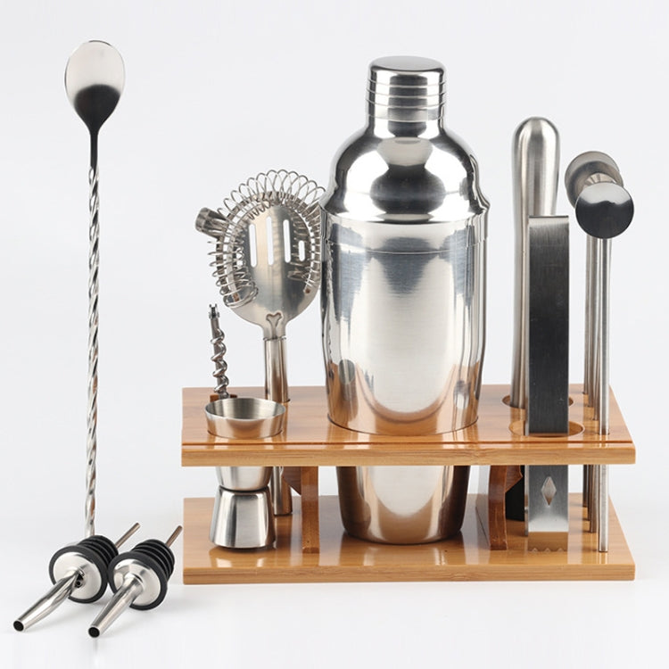14 in 1 Stainless Steel Cocktail Shaker Tools Set with Bamboo Mount, Capacity: 750ml, Bamboo