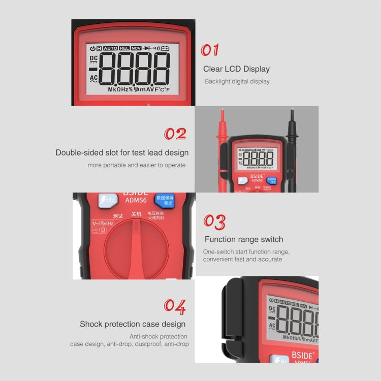 BSIDE ADMS6 High-precision Fully Automatic Small Digital Intelligent Multimeter with HD Digital Display & Shockproof Cover, Support Function Range Switch & Double-sided Pen Holder