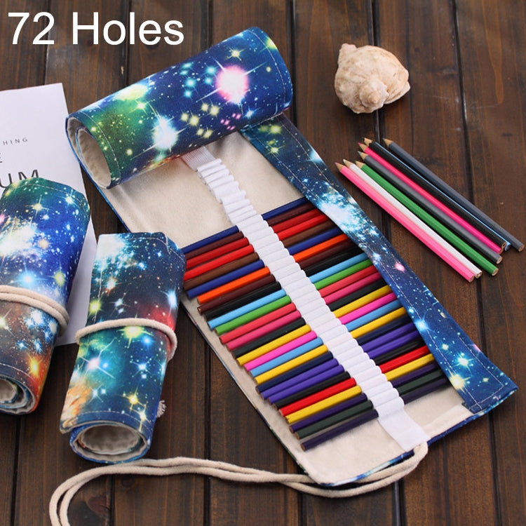 Cosmic Galaxy Print Pen Bag Canvas Pencil Wrap Curtain Roll Up Pencil Case Stationery Pouch, 72 Slots