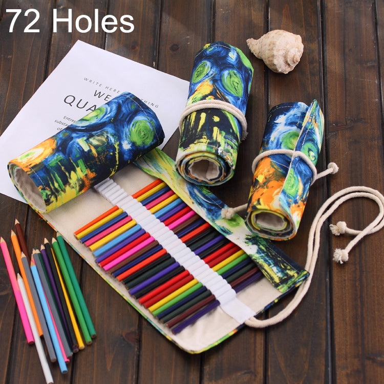 Van Gogh Oil Painting Print Pen Bag Canvas Pencil Wrap Curtain Roll Up Pencil Case Stationery Pouch, 72 Slots