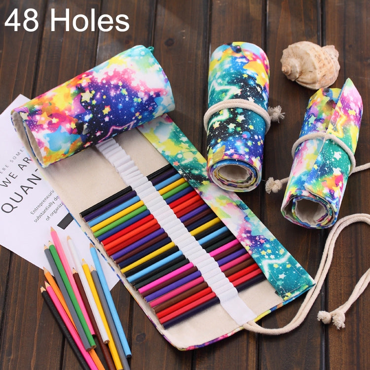 Starry Sky Print Pen Bag Canvas Pencil Wrap Curtain Roll Up Pencil Case Stationery Pouch, 48 Slots