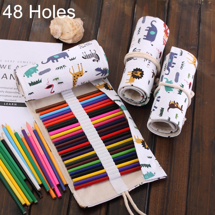 Cartoon Animal Print Pen Bag Canvas Pencil Wrap Curtain Roll Up Pencil Case Stationery Pouch, 48 Slots