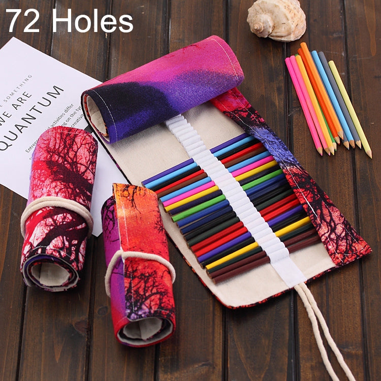 Sunset Tree Print Pen Bag Canvas Pencil Wrap Curtain Roll Up Pencil Case Stationery Pouch, 72 Slots