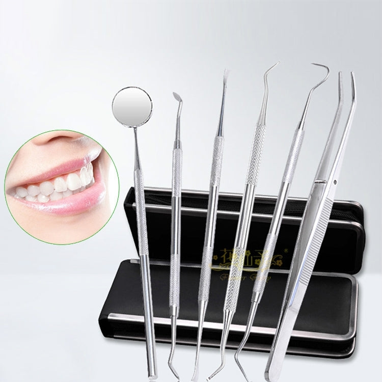 Dental Tool Set (Stainless Steel Probe + Hoe-shaped Dentist + Sickle Dentist + Tooth Stain Rejection Device + Dental Tweezers + Mouth Mirror), 6 in 1