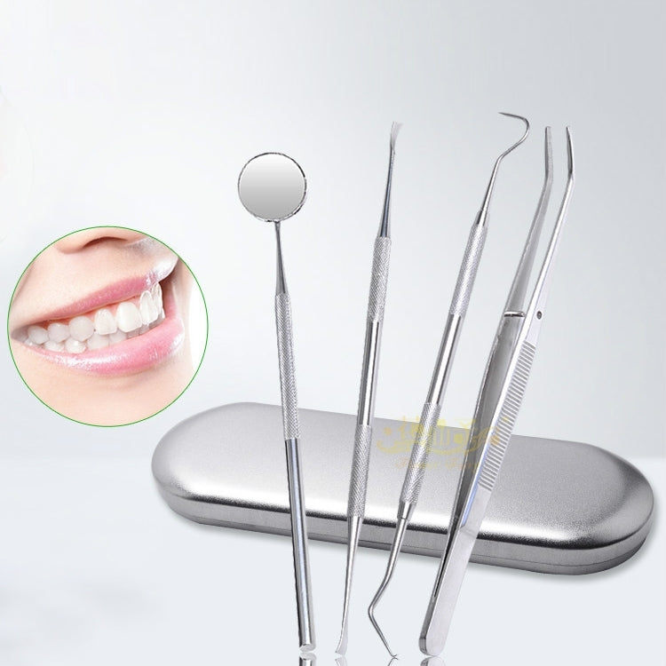 Dental Tool Set (Stainless Steel Probe + Hoe-shaped Dentist + Dental Tweezers + Mouth Mirror), 4 in 1