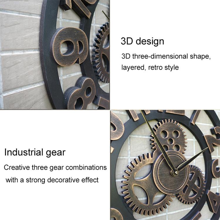 Retro Wooden Round Single-sided Gear Clock Arabic Number Wall Clock, Diameter: 70cm — Gold