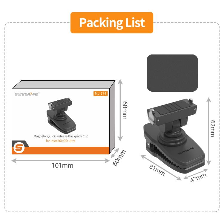 Sunnylife Magnetic Quick-Release Backpack Clip Action Camera Clamp Vertical-Horizontal Mount, For Insta360 GO Ultra