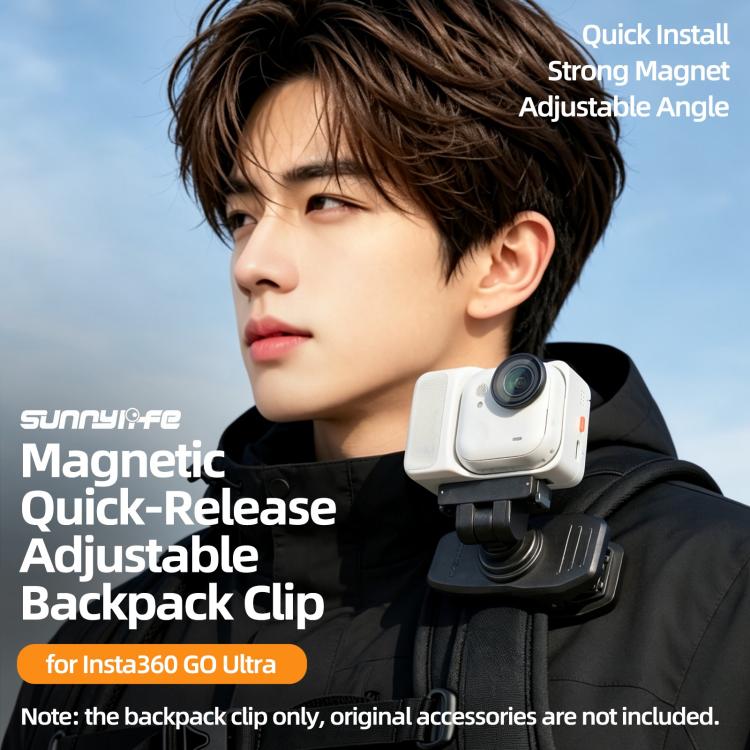 Sunnylife Magnetic Quick-Release Backpack Clip Action Camera Clamp Vertical-Horizontal Mount, For Insta360 GO Ultra