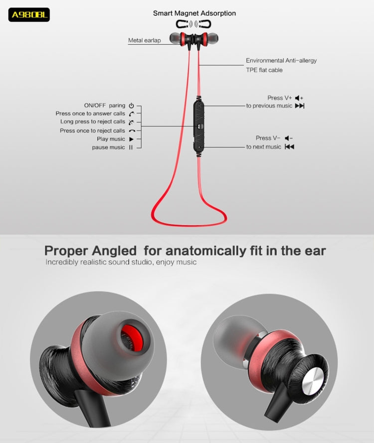 AWEI A980BL Wireless Sport Magnetic Bluetooth Earphone with Wire Control , Support Handfree Call — view 12