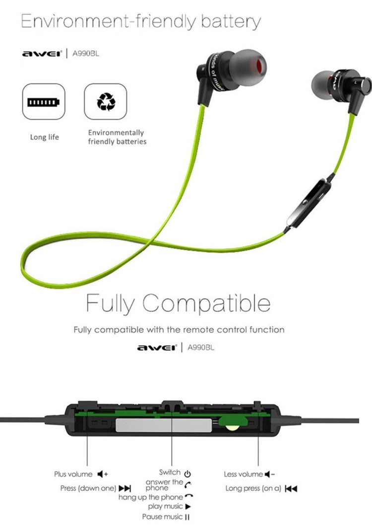 AWEI A990BL Wireless Sport Bluetooth Stereo Earphone with Wire Control + Mic, Support Handfree Call — view 7