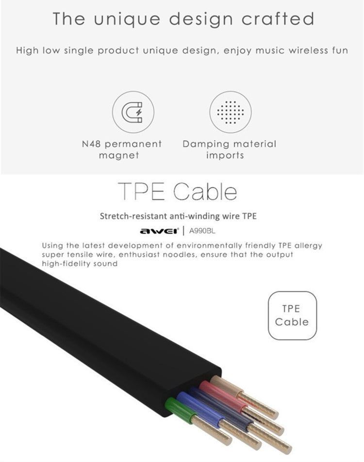 AWEI A990BL Wireless Sport Bluetooth Stereo Earphone with Wire Control + Mic, Support Handfree Call — view 8